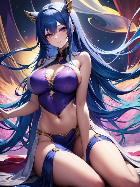 anime art, woman, genie, long blue hair, purple eyes, blue outfit 