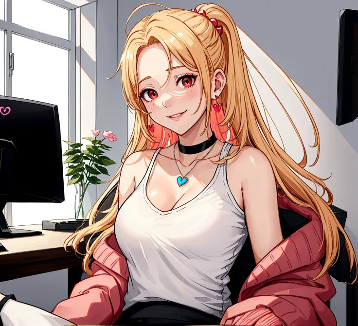 ((최고의 품질)), ((걸작)), (상세한), 여자 1명, Create an anime-style digital artwork of a character with long, straight, sleek blonde hair and bright red eyes. The character is wearing a white cardigan over a black tank top and dolphin shorts. She is accessorized with ...