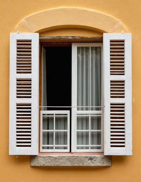 looking in to a house though an opened white wooden window of a spanish villa, the window has white slatted blinds