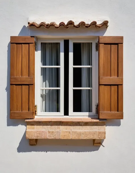 looking in to a house though an opened white wooden window of a spanish villa, the window has white slatted blinds