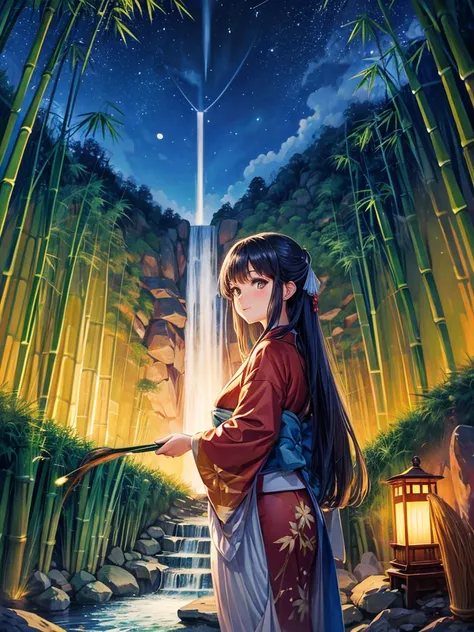 Highest quality,Highest Resolution,(((Bamboo grove))),(((waterfall))),Night Sky,(((meteor))),full moon,Beautiful girl in kimono,Fantasy,