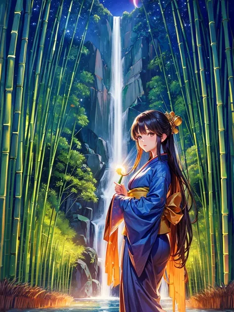 Highest quality,Highest Resolution,(((Bamboo grove))),(((waterfall))),Night Sky,(((meteor))),full moon,Beautiful girl in kimono,Fantasy,