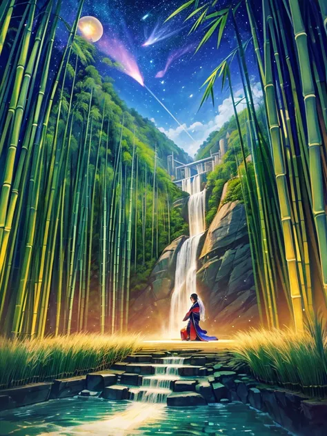 Highest quality,Highest Resolution,(((Bamboo grove))),(((waterfall))),Night Sky,(((meteor))),full moon,Beautiful girl in kimono,Fantasy,