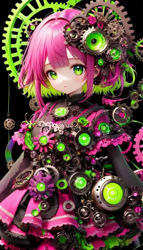 best quality, super fine, 16k, 2.5D, delicate and dynamic depiction, large gears of different colors, meshing together in various sizes, fluorescent pink and fluorescent green digital number patterns, the gears and digital numbers work together to create a...