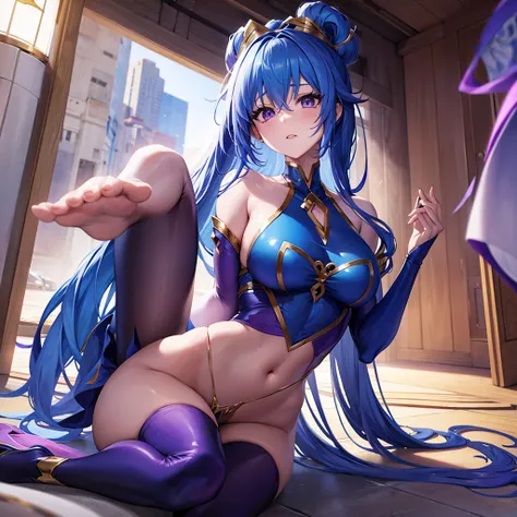 anime art, woman, genie, long blue hair, purple eyes, blue outfit 