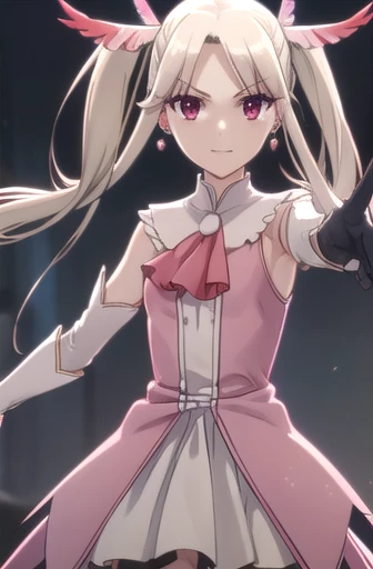 Illyasviel von Neinzbern, Illyasviel von Einzbern, Long Hair, Blonde, (Red eyes:1.3), (Parted bangs:1.5), smile,
break hair ornament, gloves, dress, jewelry, Earrings, Removable sleeves, Ascot, Magical girl, feather, pink dress, Feather hair ornament, プリズマ...