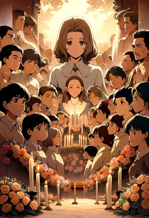 Anime-style illustration of a solemn memorial setting with a portrait of Matsushita Konosuke, surrounded by flowers and candles. People paying respects in a quiet, respectful atmosphere. Late 1980s.
