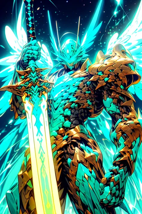 (hailoknight, solo, 1boy wearing turquoise armor, turquoise helmet, glowing turquoise eyes, turquoise wings, holding giant orang...