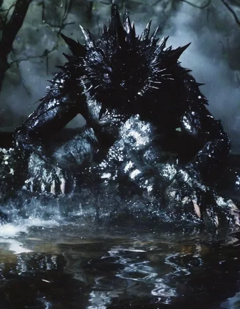 monster in water, dark forest background