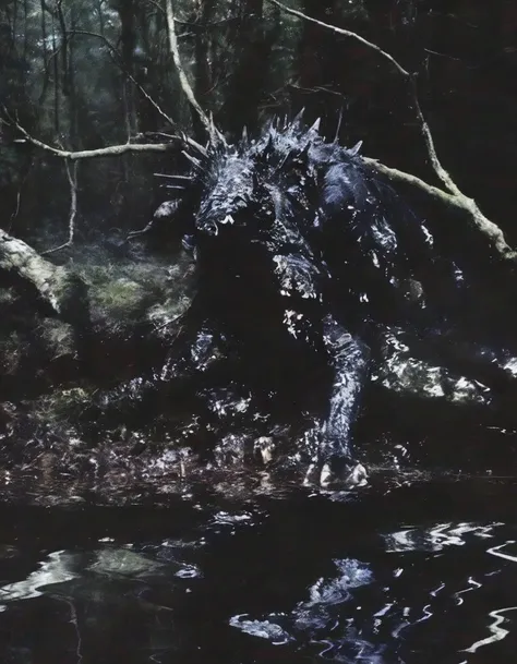 monster in water, dark forest background