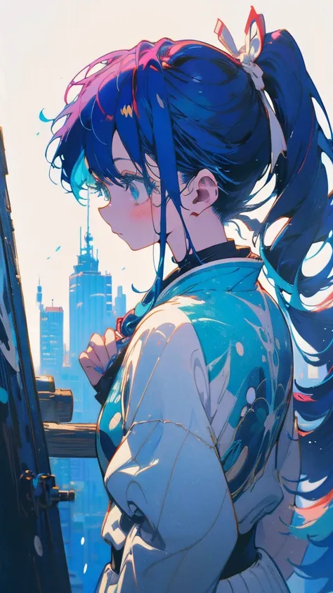 Blue-haired side ponytail，Design clothing，Seven-doppelganger shot，Anime style 4K，Anime girl with teal hair，High quality anime art style，Standing painting，Splash ink background，Blue Themes、Pure white background,Buildings,Face close-up,Buildings,Moon and sun