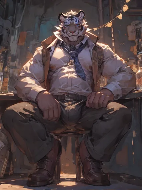 {{bara extremely handsome white tiger,}} {{white fur,}} white, wearing ornate trench coat, trousers, white dress shirt and necktie, white fluffy furry body and limbs, loafers, very tall, very broad shoulders, narrow waist, muscular arms, massive pecs, purp...