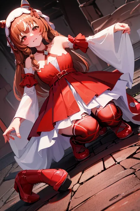 (detailed red panties,latex panties, brocade),still in love \(umamusume\), sit with your heels on the ground、hold your knees wit...