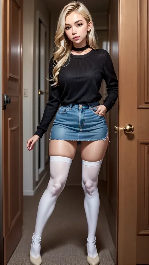 blonde bimbo doing homework. wearing  outfit with knee high socks.