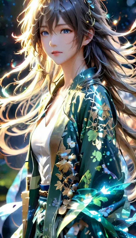 (masterpiece), (Highest quality), (good quality), Intricate details, Earrings, Ray Tracing, (light green kimono、Light blue semi-long hair　1.8 ), (Bokeh), (Depth of written boundary), Happi, ((Medium chest)), No makeup,Night Sky