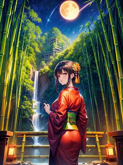 Highest quality,Highest Resolution,(((Bamboo grove))),(((waterfall))),Night Sky,(((meteor))),full moon,Beautiful girl in kimono,Fantasy,Red Torii Gate,