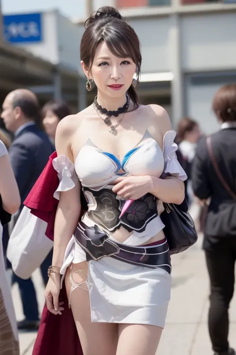 Beautiful mature Japanese woman aged 55, Nymphomaniac, Long eyelashes, Low Ponytail, Red lipstick, Pearl Necklace, Earrings, Dark eyeshadow, Large Breasts, Big Breasts, Cleavage, Supergirl Costume, sexy, 