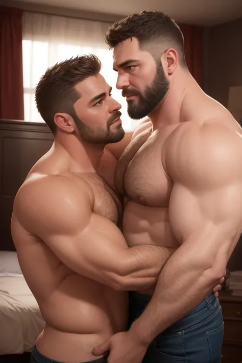 8KUHD Very Extremely Realistic Very Detailed High Quality Create a professional studio-style photograph featuring two middle-aged daddy muscle bears , burly, very hairy, very beared big daddy bear,  and very realistic detailed rugged burly man and his husb...