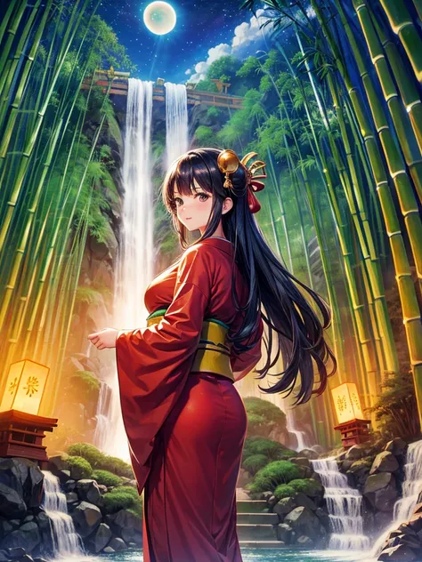 Highest quality,Highest Resolution,(((Bamboo grove))),(((waterfall))),Night Sky,(((meteor))),full moon,Beautiful girl in kimono,Fantasy,Red Torii Gate,