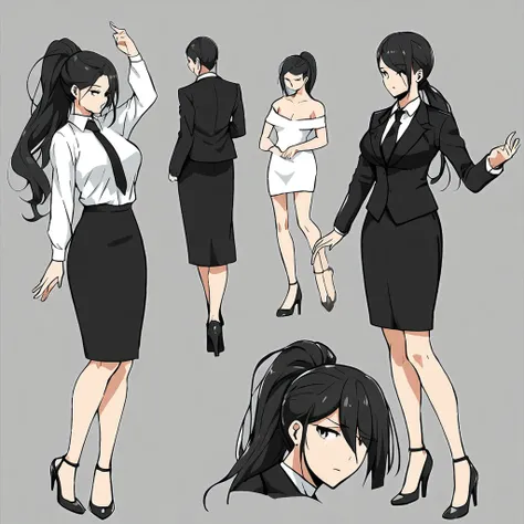 Set, High heel, multiple views, Ponytail, Black Hair, Black tie, Long hair, Black skirt, formal, breast