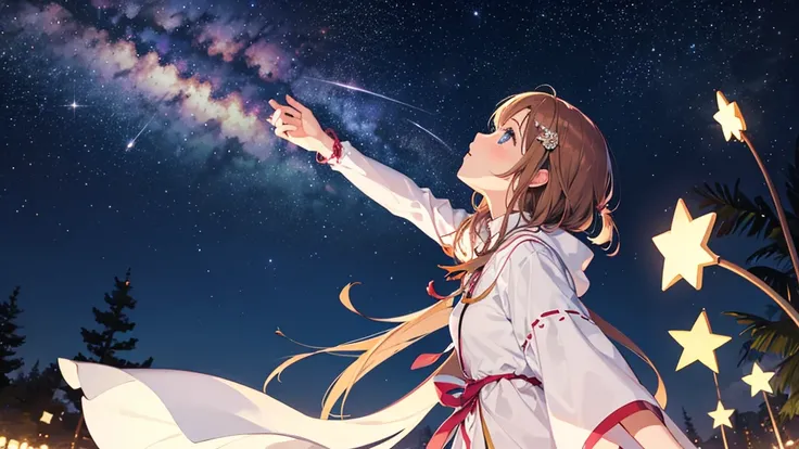 Woman looking up at the sky、Tanabata、night、milky way、Meteoroon