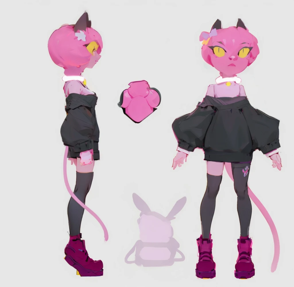 (masterpiece, Best quality), ((1 girl)), beauty, Dramatic, Black tone, BREAK Underexposed lighting, there are two different poses of a cat with a pink tail, candypunk character design, unrealistic character concept, full body concept, [ character design ],...