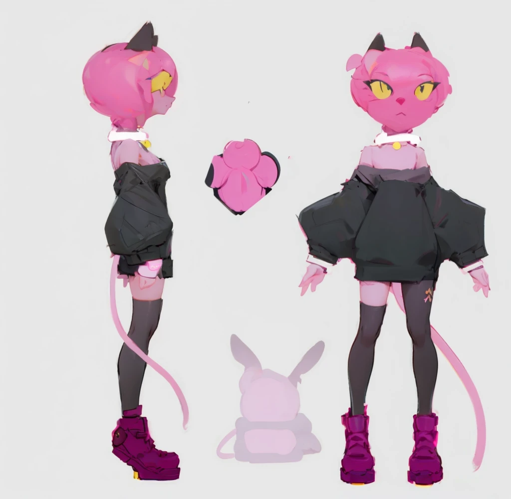 (masterpiece, Best quality), ((1 girl)), beauty, Dramatic, Black tone, BREAK Underexposed lighting, there are two different poses of a cat with a pink tail, candypunk character design, unrealistic character concept, full body concept, [ character design ],...