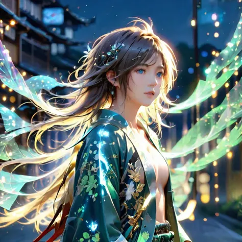 (masterpiece), (Highest quality), (good quality), Intricate details, Earrings, Ray Tracing, (light green kimono、Light blue semi-long hair　1.8 ), (Bokeh), (Depth of written boundary), Happi, ((Medium chest)), No makeup,Night Sky