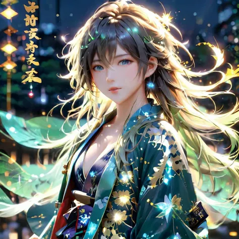 (masterpiece), (Highest quality), (good quality), Intricate details, Earrings, Ray Tracing, (light green kimono、Light blue semi-long hair　1.8 ), (Bokeh), (Depth of written boundary), Happi, ((Medium chest)), No makeup,Night Sky