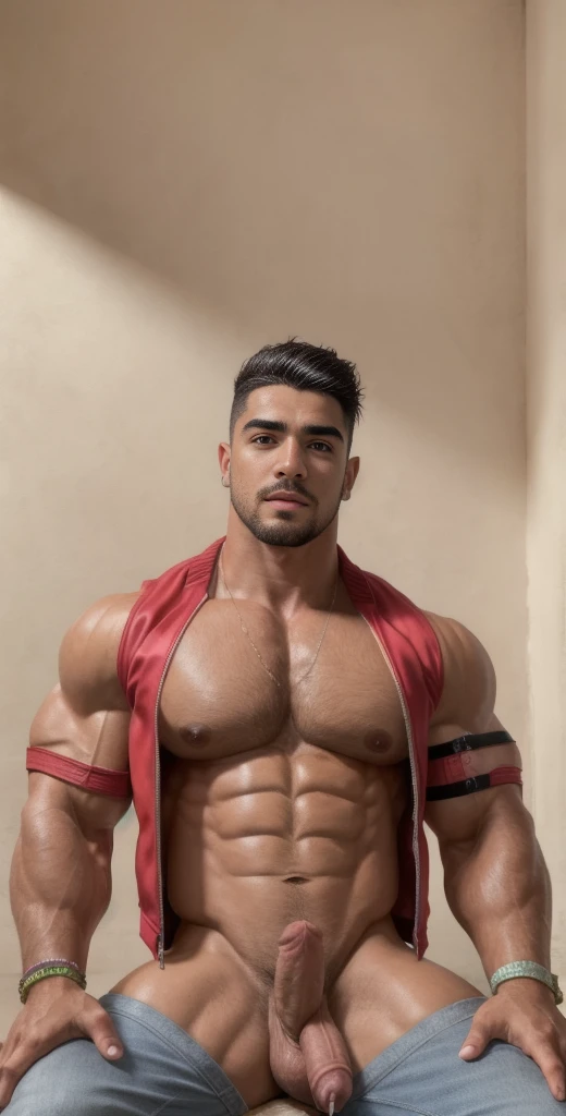 (masterpiece, intricately detailed, highest resolution, best quality:1.2), (doujin), a cocky Latino Instagram influencer,a 24 y.o muscle stud with a muscular physique sitting on a chair with black eyes,dark-skinned male, wearing a ((open jacket, chav, armb...