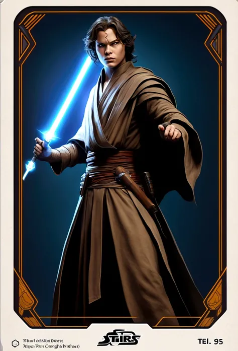 The design of the telekinesis card in the form of a Jedi who stands in the style of comics of the 90s, in 2d, on a white background.