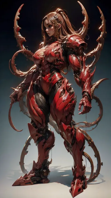 a photo-realistic portrait of megan fox as armored carnage, (solo:1.0), (red carnage skinless muscular bio-mecha armor:1.25), (m...