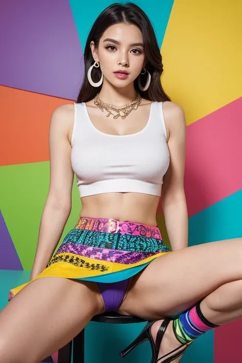 best quality, masterpiece, sleeveless tee, Tight, belly button exposed, H-shaped skirt that reveals more than 10cm above the knees, High heels that are very flashy and have a heel of more than 7 cm., large, colorful necklace, large and colorful earrings, l...