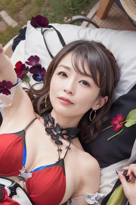 Two beautiful mature Japanese women aged 55, Two Women, Long eyelashes, Super Short Hair, Red lipstick, Pearl Necklace, Earrings, Dark eyeshadow, Large Breasts, Big Breasts, Cleavage, Floral dress, Lying on pasture, Green Grass, Sleep on your back, Holding...