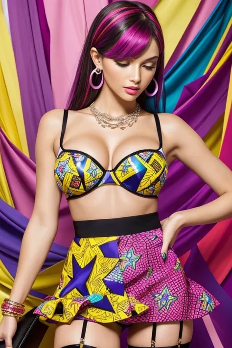 best quality, masterpiece, Fashion with a piece of fabric that exposes almost the entire upper body, H-shaped skirt that reveals more than 10cm above the knees, High heels that are very flashy and have a heel of more than 7 cm., large, colorful necklace, l...