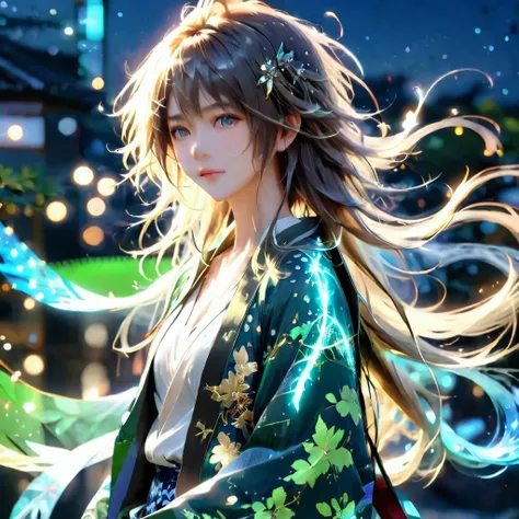 (masterpiece), (Highest quality), (good quality), Intricate details, Earrings, Ray Tracing, (light green kimono、Light blue semi-long hair　、Light blue-green medium-long hair　1.8 ), (Bokeh), (Depth of written boundary), Happi, ((Medium chest)), No makeup,Nig...