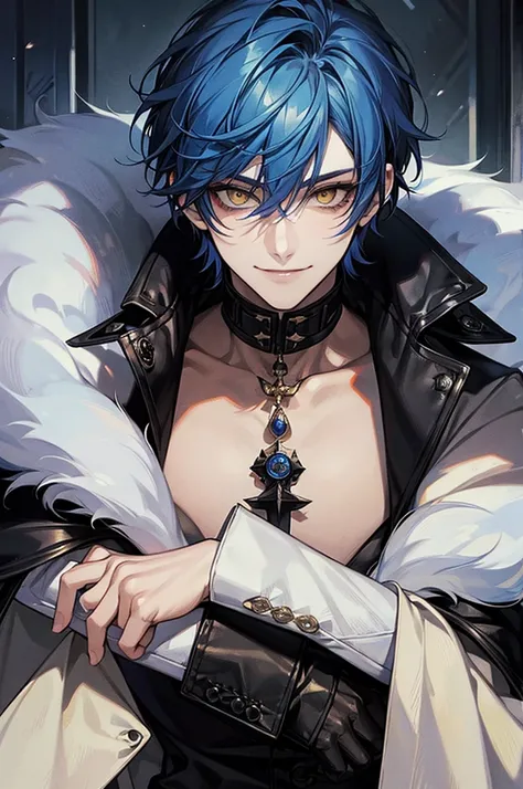 masterpiece, alone, 1 male, short hair, Blue Hair, Yellow Eyes, Black Leather, fur, Smile Facial