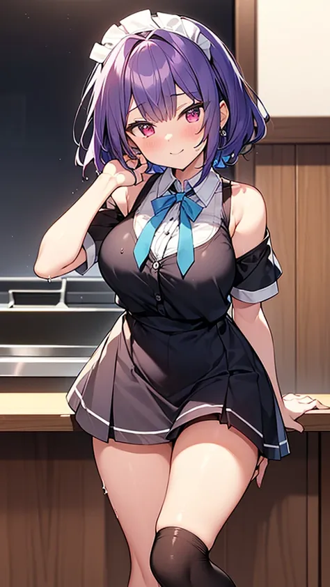 最high quality, high quality, Super detailed, 32k, Ultra-detailed details, waitress(only, Standing, pretty girl, beautiful purple hair, short hair, Beautiful RED eyes, mature, Big Breasts, A light smile, Off-the-shoulder sleeveless Summer メイド服, Summer casua...