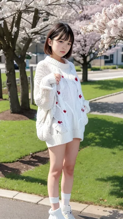 standing under a cherry tree, japanese girls, 15 years old, a bit, cute, (white oversized knit sweater:1.3), it&#39;s snowing, t...