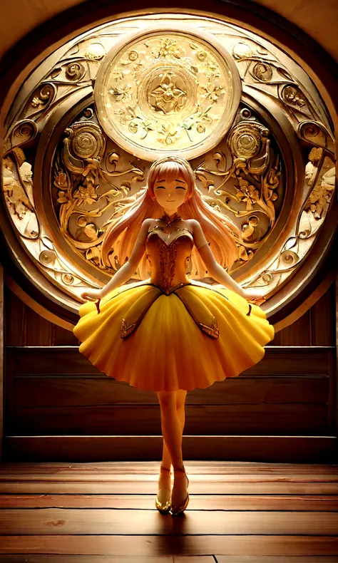 1Little girl sitting on the wooden floor，Sweaty face，Wear ballet costumes，Dance shoes，Happy expression，For the audience，Long straight hair；Composition：The character is on the right，The background is a gradient of golden velvet；3DAnimation海报，皮克斯3DAnimation风...