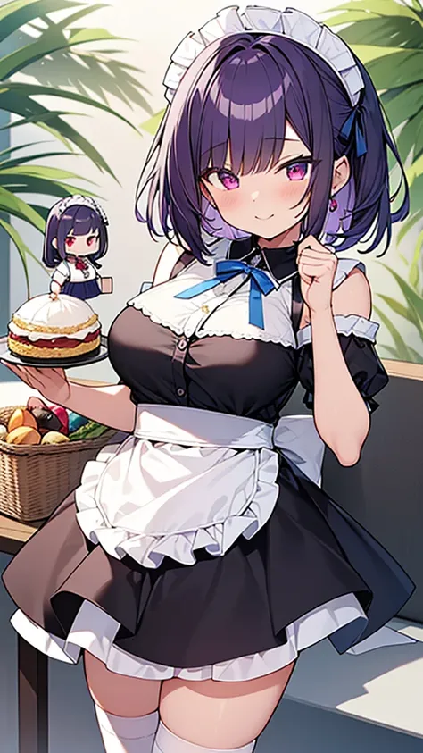 最high quality, high quality, Super detailed, 32k, Ultra-detailed details, , {{The succubus maid has the face of my sister}}, (only, Standing, pretty girl, beautiful purple hair, short hair, Beautiful RED eyes, mature, Big Breasts, A light smile, Off-the-sh...