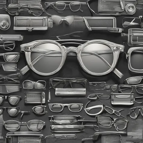 (detailed drawing) Advertising signs, eyeglass frames, gray tones, graphics, design work, logos