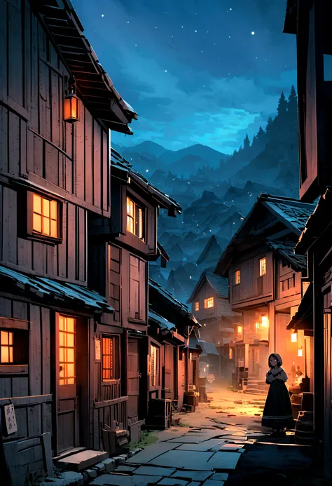 Poor street of a mountain village, Villagers, an old house, Very detailed, night, frowning, scary, overlooking