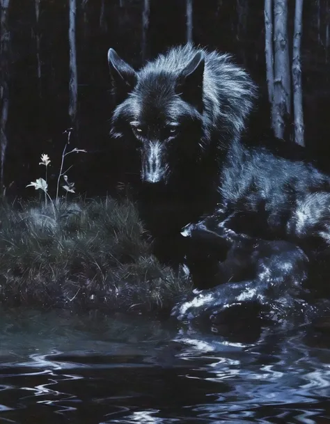 black wolf in water, night forest background