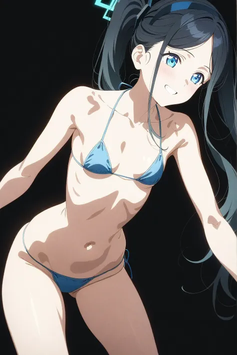 best quality, amazing quality, very aesthetic, absurdres, (1girl, aris (blue archive), blue archive, blue eyes, black hair, small breasts), (realistic face:0.9),(string bikini:1.8), (grin, blush, thigh:1.3), (cowboy shot), (glowing eyes), (half closed eyes...