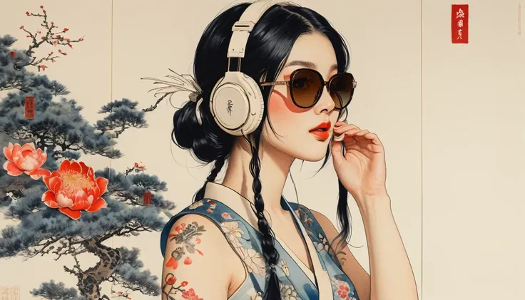 Ink Painting, (((1 girl))), (((Tattoo on face))), (((sunglasses))), Japanese style headphones, Japanese sword, beautiful girl, Black Hair, Delicate and precise, Modern ukiyo-e style, Maid