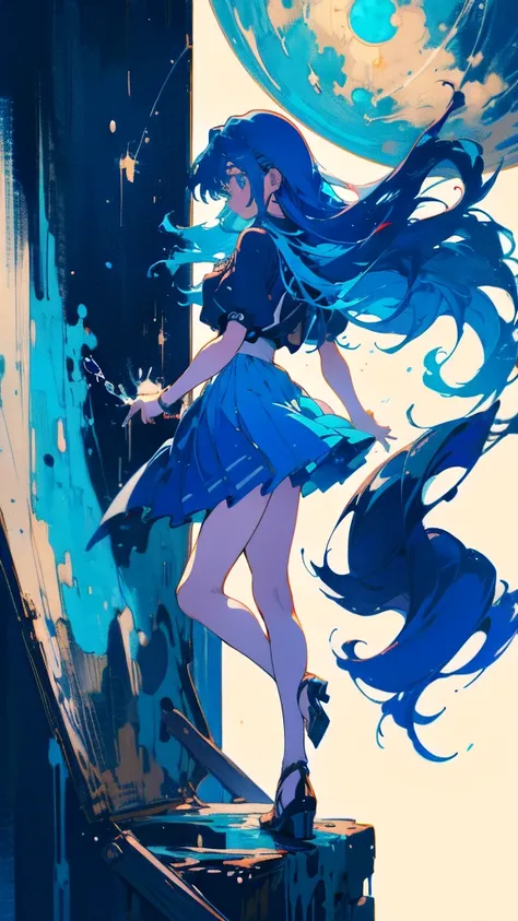 Blue-haired long hair，Design clothing，Seven-doppelganger shot，Anime style 4K，Anime girl with teal hair，High quality anime art style，Standing painting，Splash ink background，Blue Themes、Pure white background,Buildings,Face close-up,Buildings,Moon and sun、Lon...