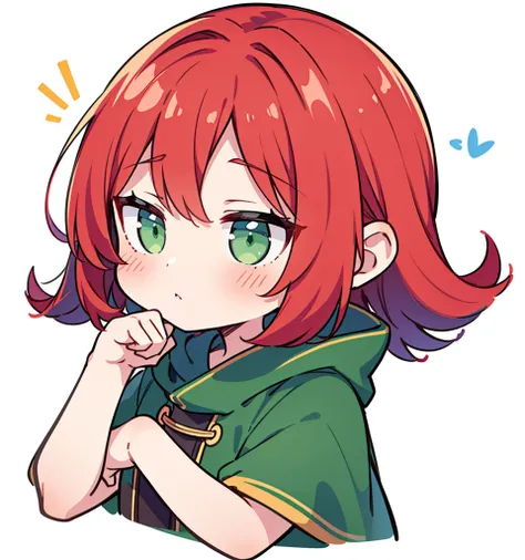 超A high resolution,(best quality,highres,masterpiece:1.2),1girl, red hair, blue cloak, green clothe, green eyes, warm color tones, Chibi, simple background, emoji, surprised, exclamation