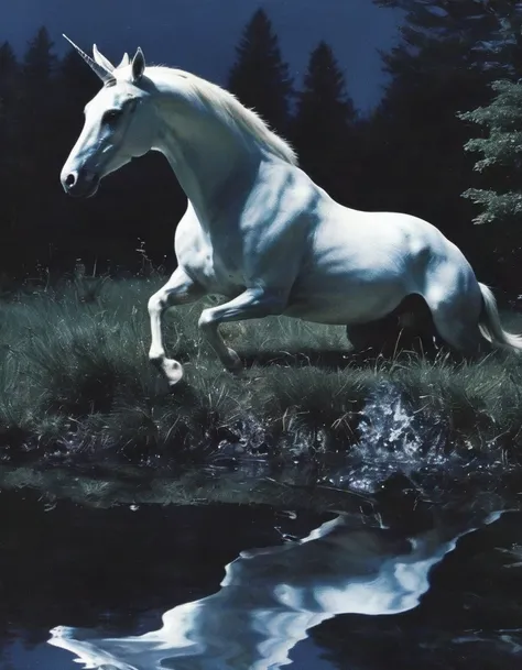 unicorn in water, night forest background