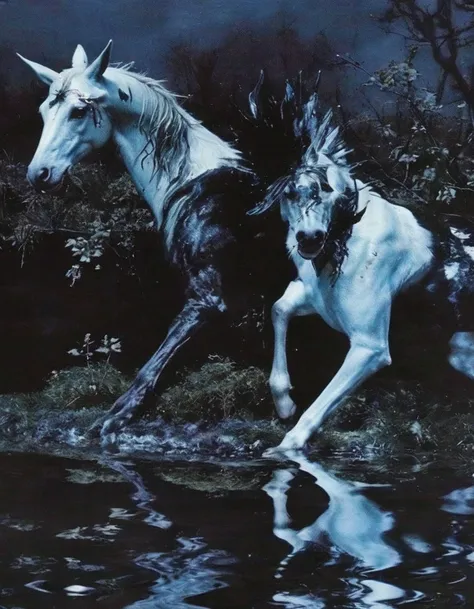 unicorn in water, night forest background